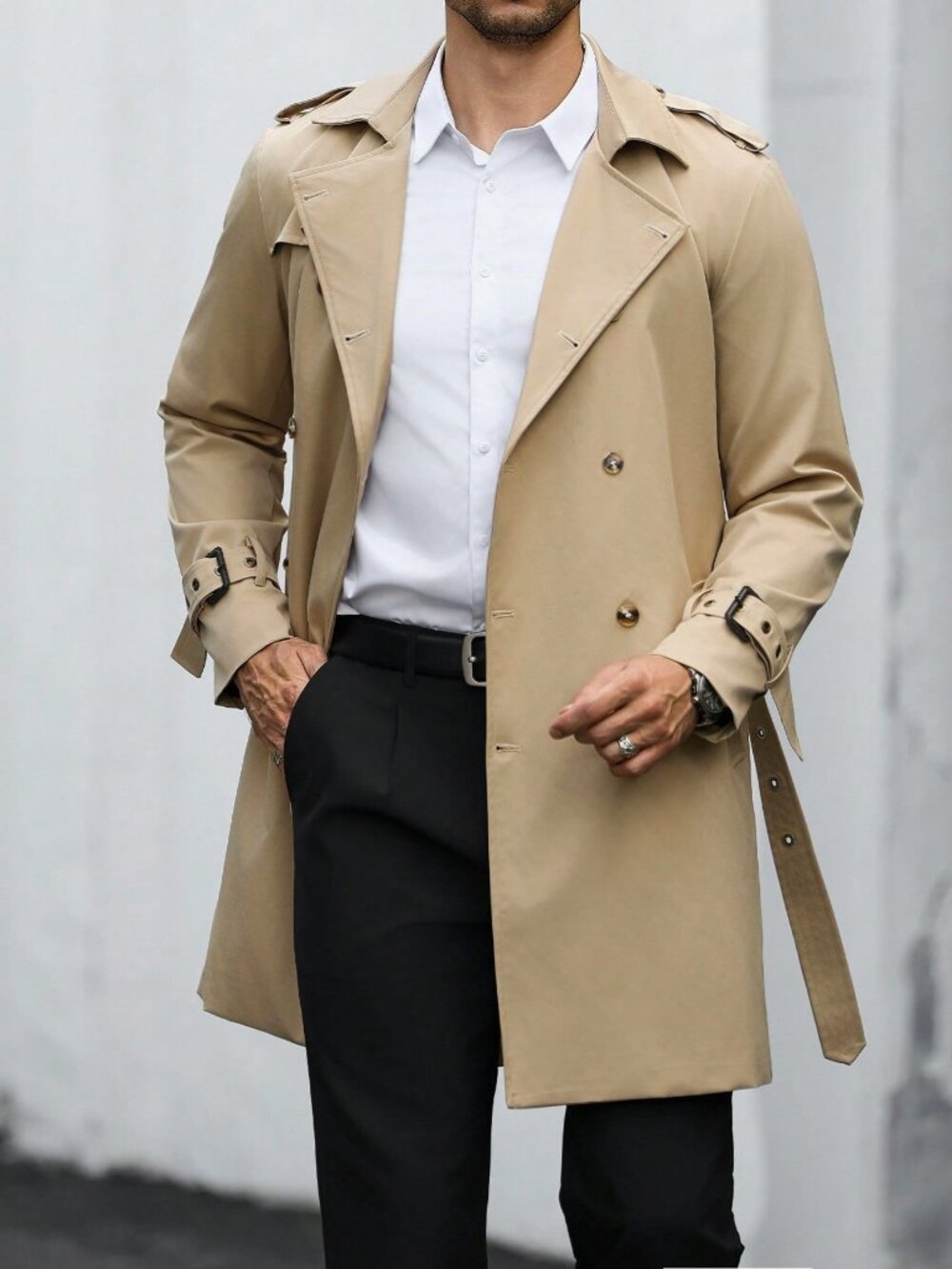 Khaki Business Commuting Men's Casual Loose Fit Trench Coat - Picture 4 of 7